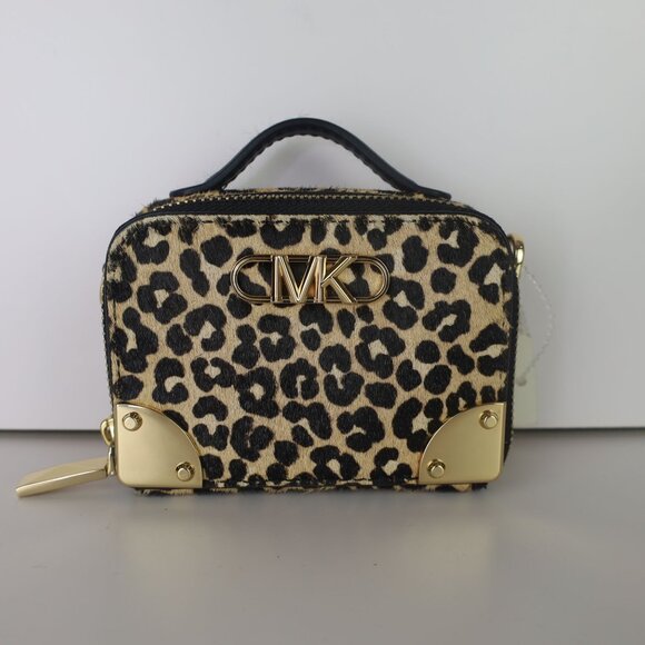 Michael Michael Kors Estelle Micro Trunk Crossbody Leopard Print Tan/ Black - Picture 3 of 14